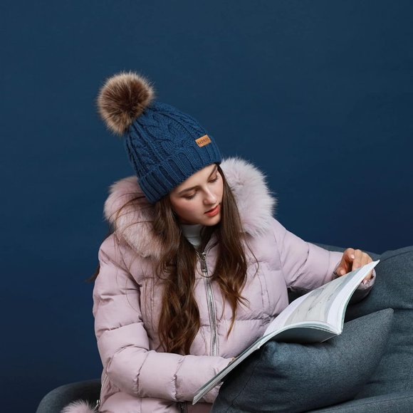 Womens Winter Warm Fleece Lined Knitted Soft Ski Cuff Beanie Hat with Pom Pom - Picture 6 of 8